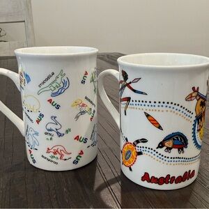 Vintage Australia Mug Set 2 Aboriginal Art Kangaroo Emu Wombat Souvenir Mugs